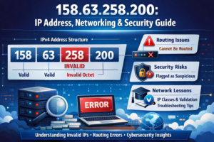 Illustration of IPv4 address 158.63.258.200 showing invalid octet and network structure