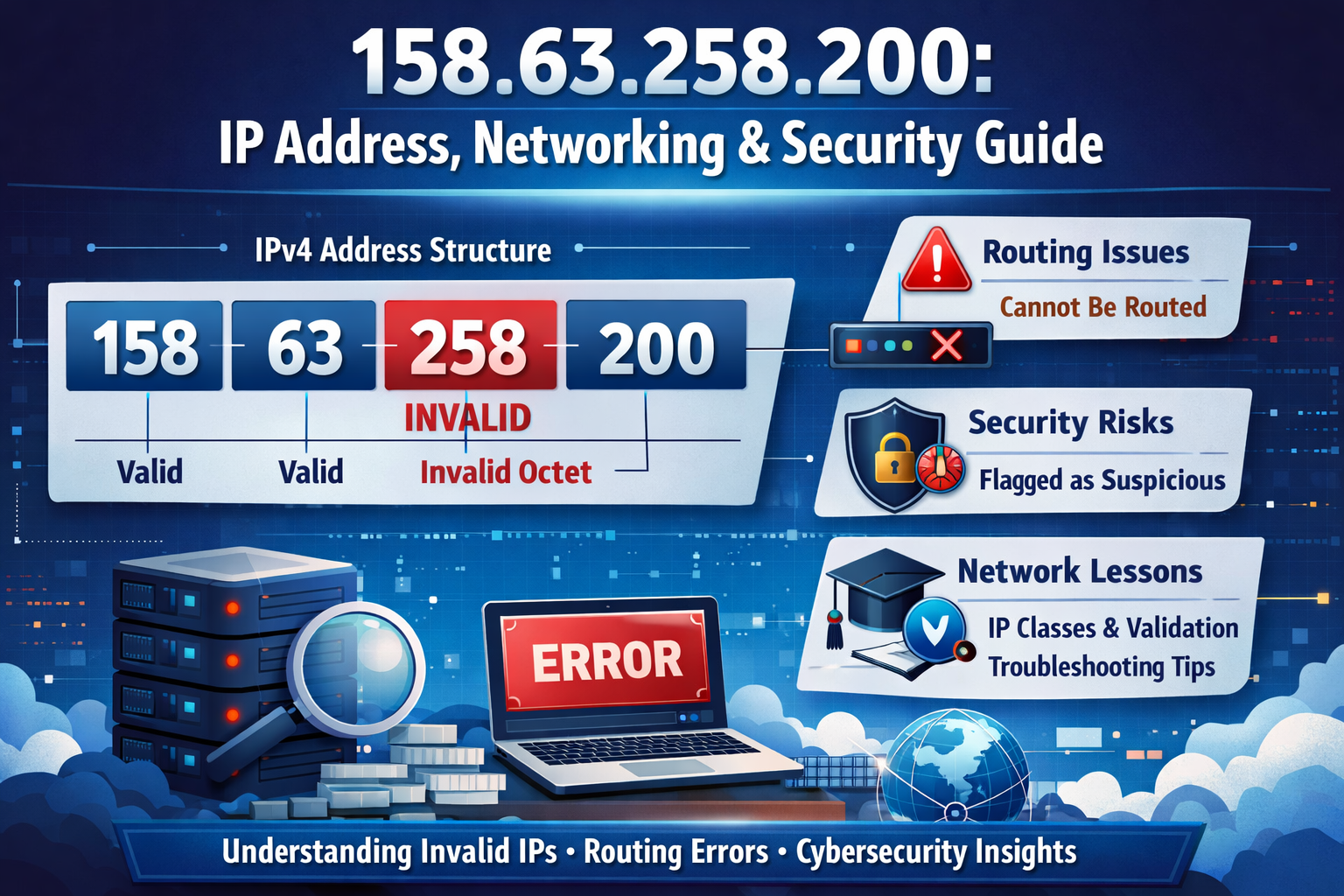Illustration of IPv4 address 158.63.258.200 showing invalid octet and network structure