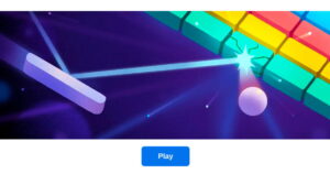 Google Block Breaker gameplay showing paddle bouncing ball breaking colorful blocks