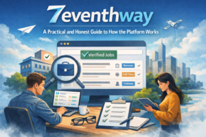 Seventhway platform illustration showing job seekers using a laptop and tablet to explore verified job listings, highlighting remote, full-time, and structured opportunities.