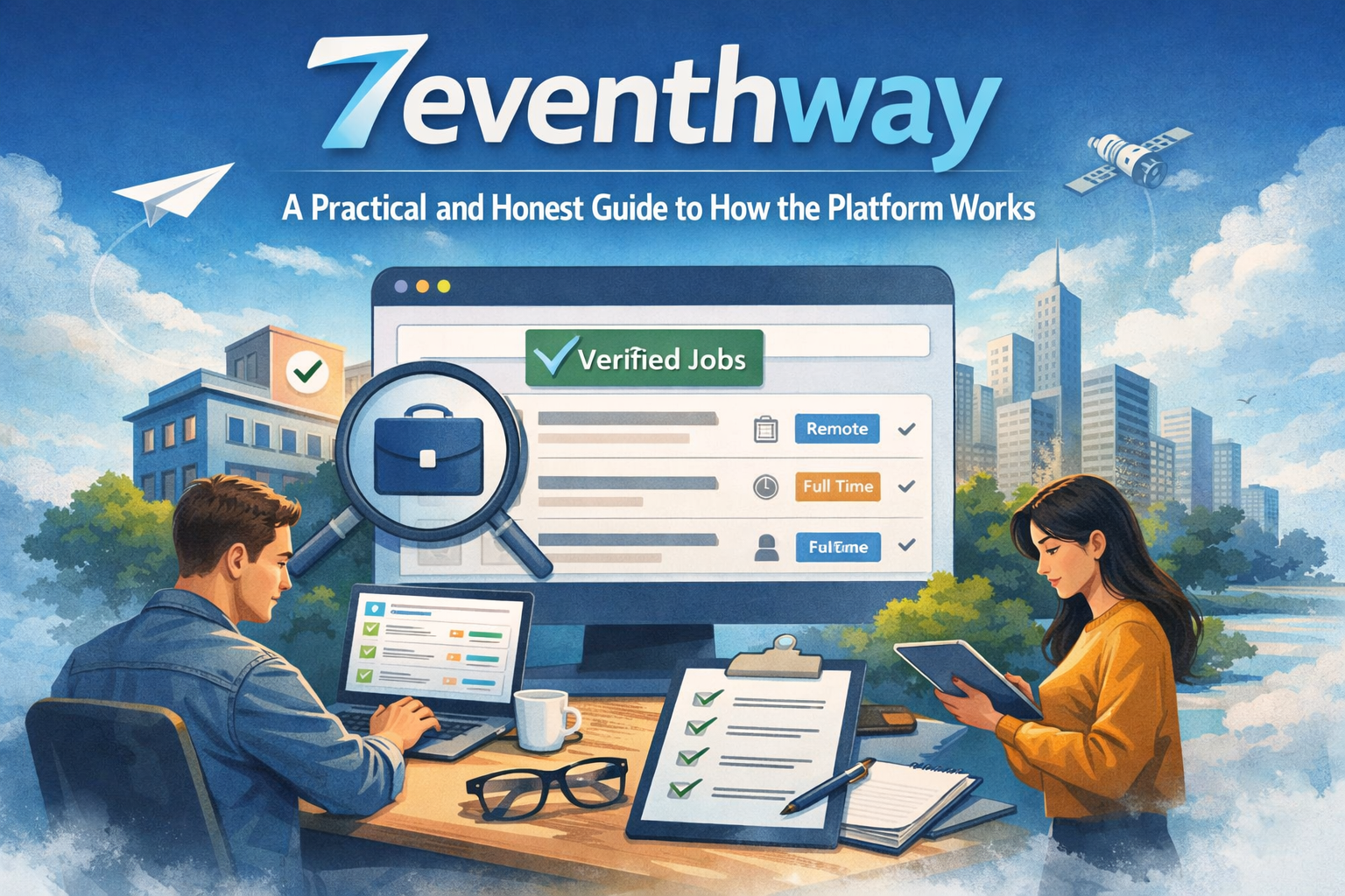 Seventhway platform illustration showing job seekers using a laptop and tablet to explore verified job listings, highlighting remote, full-time, and structured opportunities.