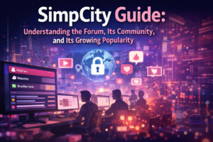 SimpCity Guide digital forum illustration showing a futuristic cityscape, online communities, and forum interactions with neon colors.