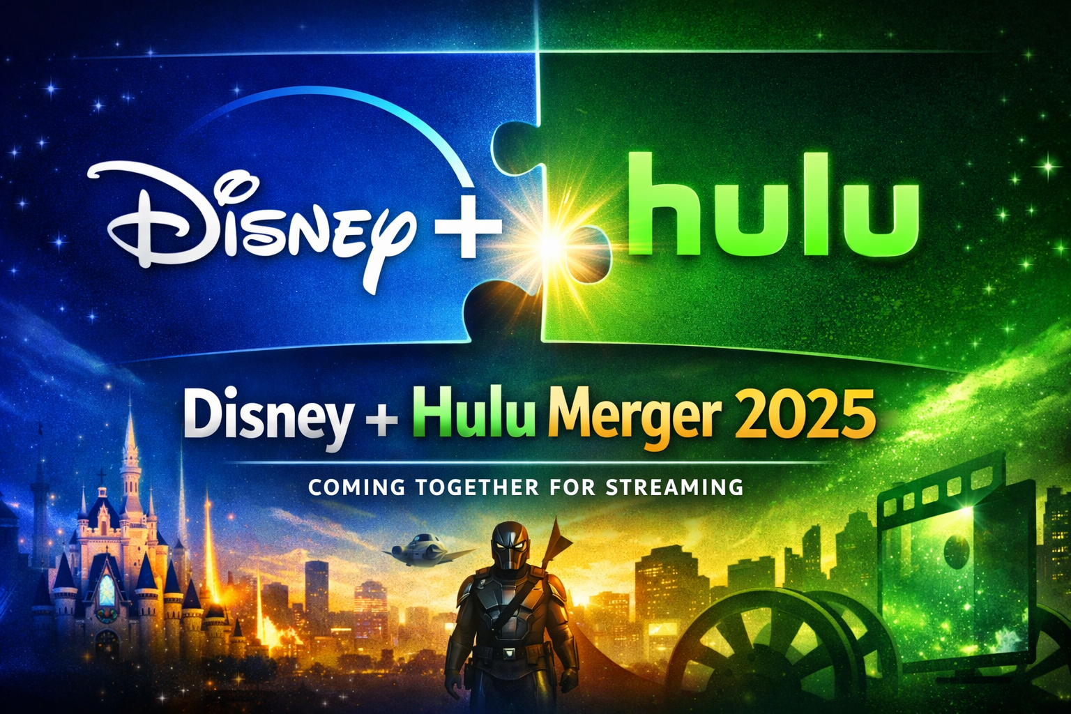Disney and Hulu logos merging with streaming graphics representing the 2025 merger.