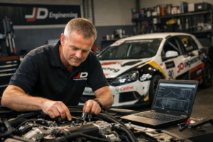 Jeroen Dik working on engine calibration at JD Engineering workshop