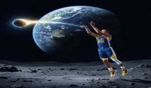 Stephen Curry shooting a deep three-point shot in an NBA game