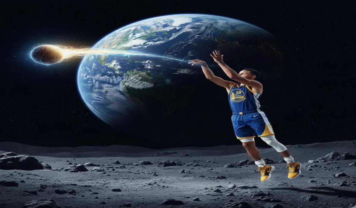 Stephen Curry shooting a deep three-point shot in an NBA game