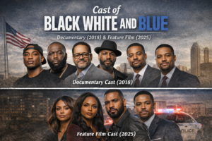 cast of black white and blue main actors cinematic illustration