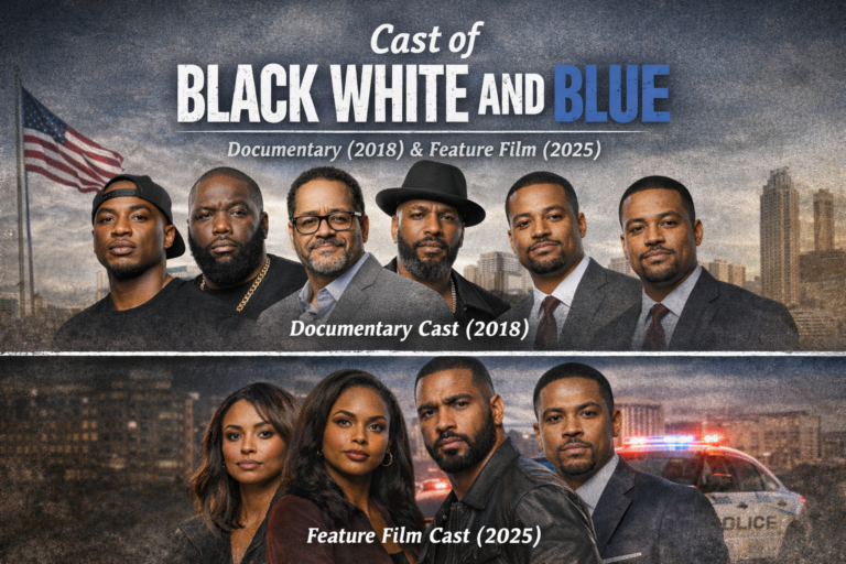 cast of black white and blue main actors cinematic illustration