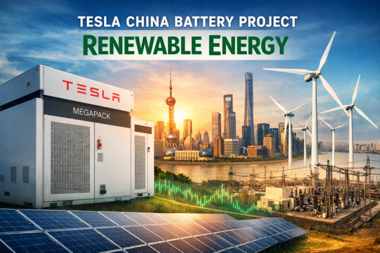 tesla china battery project renewable energy showing Tesla Megapack energy storage supporting solar and wind power in Shanghai